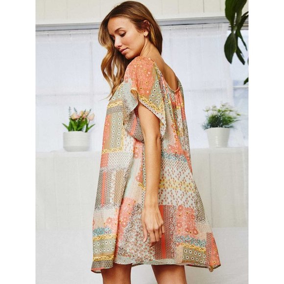 Women's Off the shoulder Multi print tunic shimmer mini dress !! LAST ONE!!! - Picture 3 of 3
